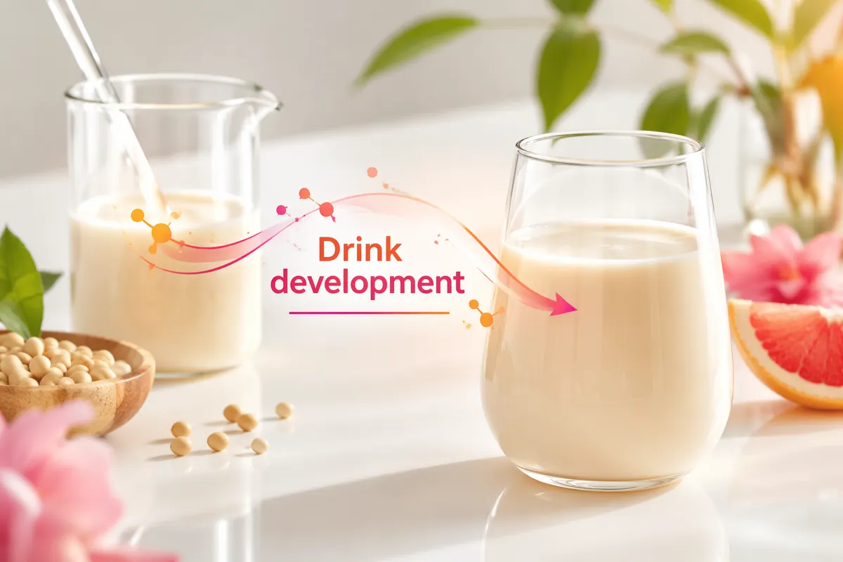 Glass of plant-based soy drink beside a lab beaker and soybeans, representing drink base development for stable cloud
